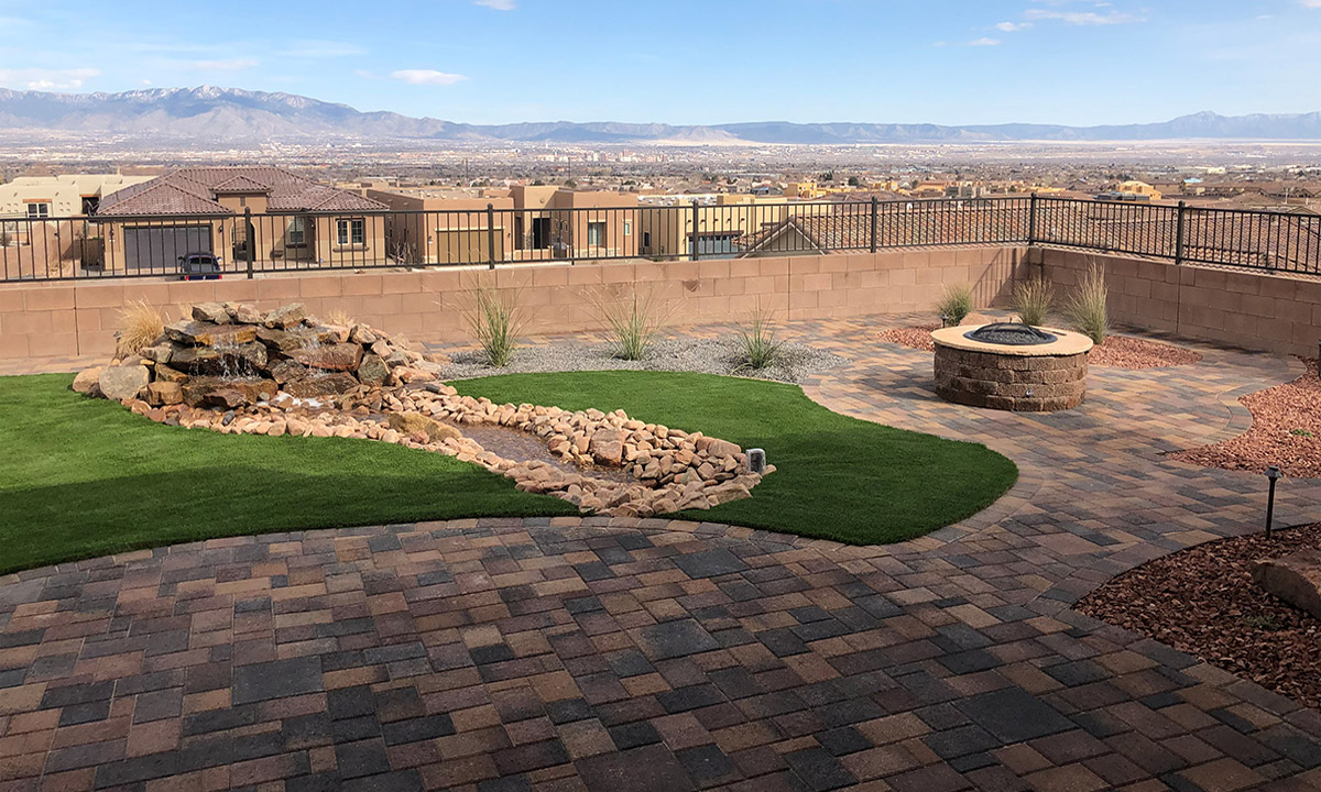 Albuquerque Fire Pit Boulder Water Feature River Bed Belgard Dimension 6 Bella Artificial Turf