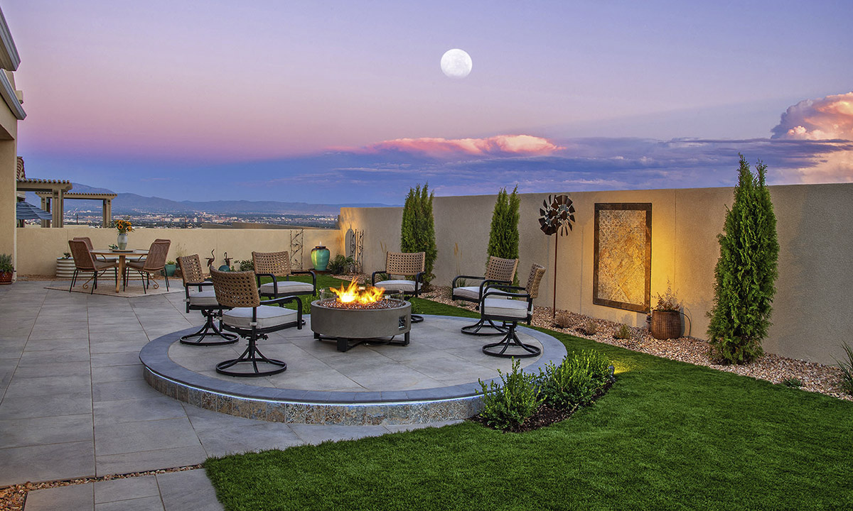 Albuquerque Landscape Design Backyard Artificial Turf Fire Feature Lighting Porcelein Paver