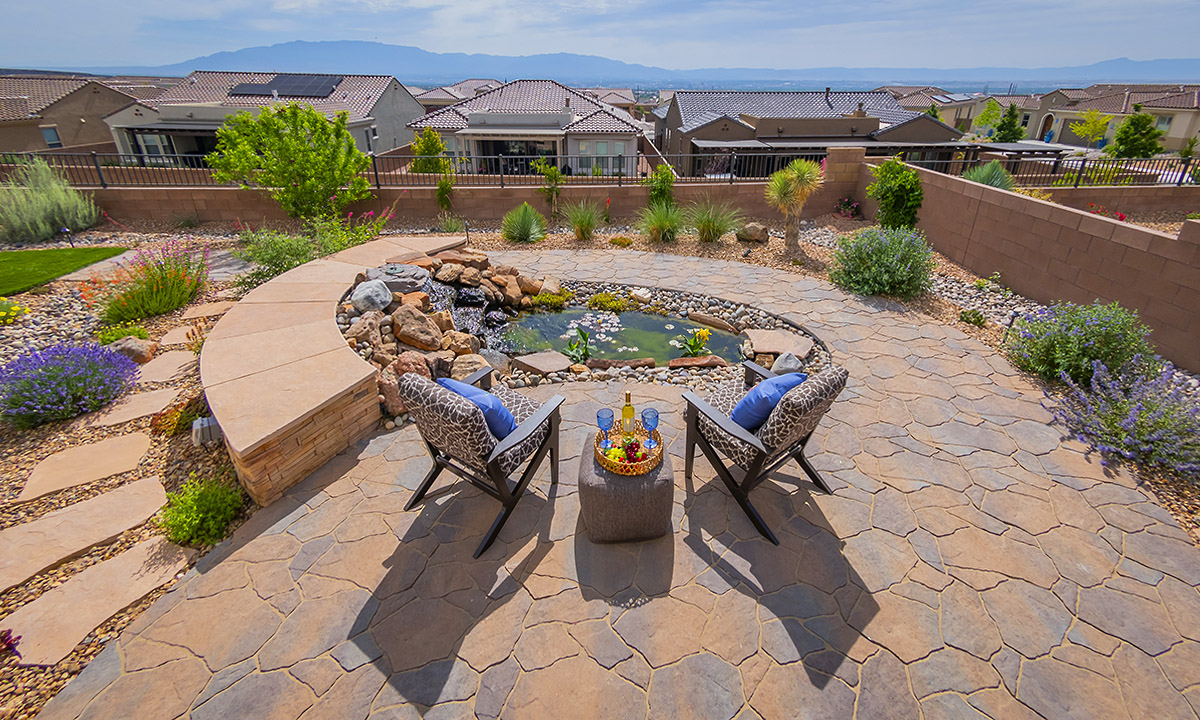 New Mexico Water Feature Koi Pond Backyard Patio Belgard Mega Arbel Toscana FX Lighting