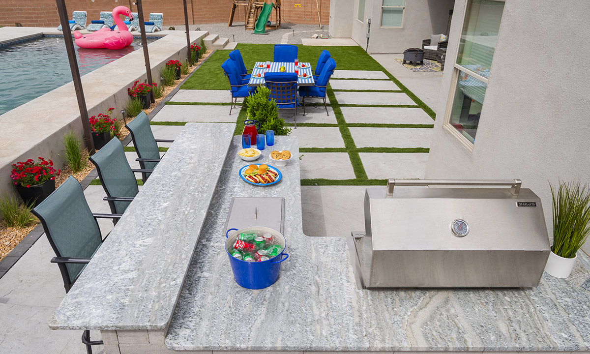 Backyard Outdoor Kitchen Belard Artforms Granite Countertop Concrete Slabs Artificial Turf
