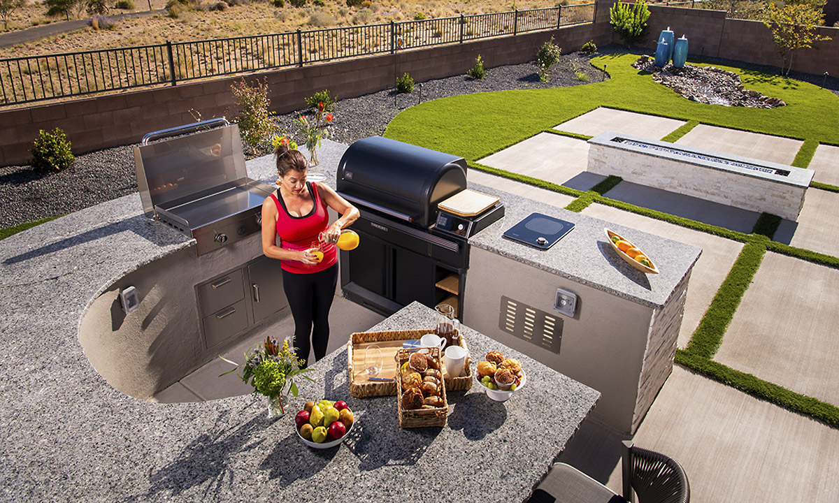 Outdoor Kitchen Granite Countertop Stone Veneer Concrete Slabs Firepit Artificial Turf Water Feature Fountain