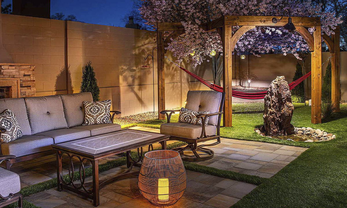 Albuquerque Pergola Backyard Patio Belgard 12 Victorian Pavers Boulder Water Feature The Stone Lighting Artificial Turf