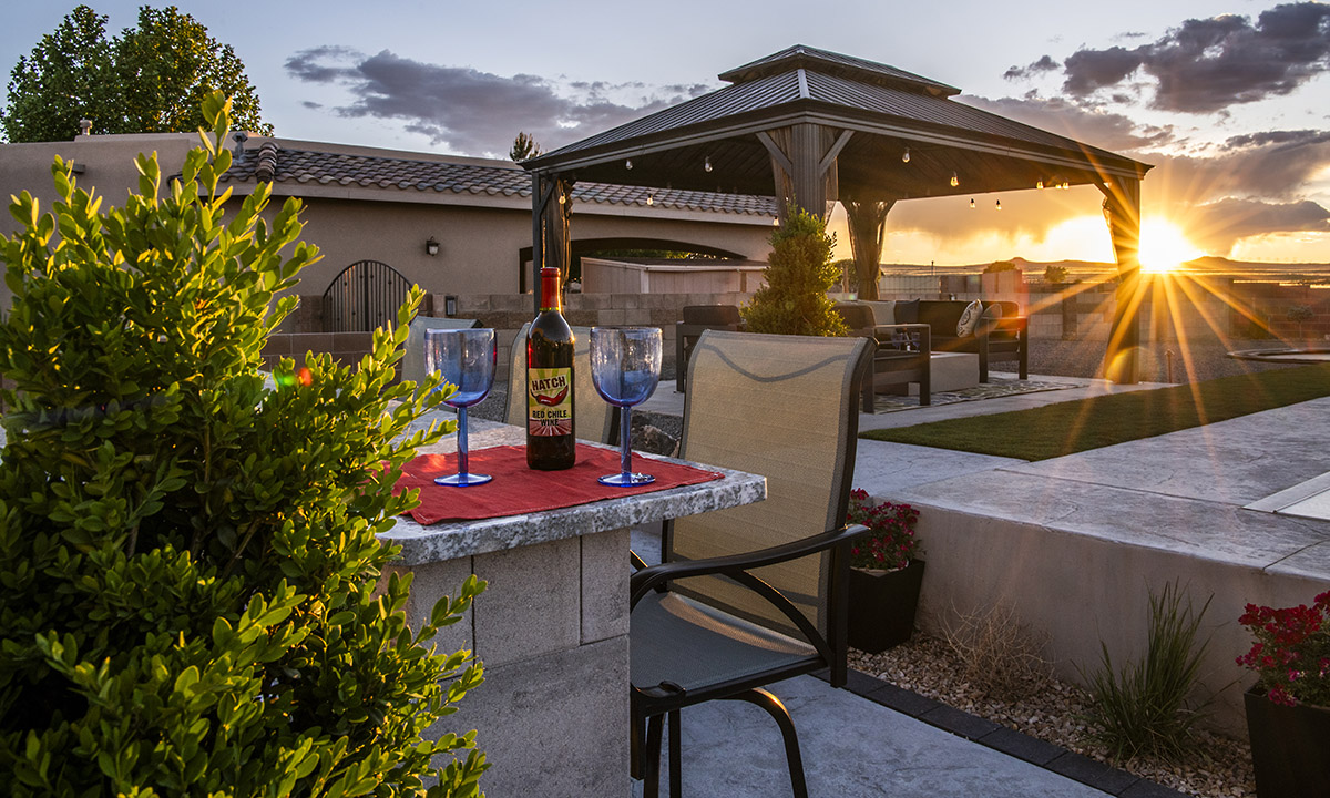 Backyard Outdoor Kitchen Granite Countertop Belgard Artforms Pergola Concrete slabs