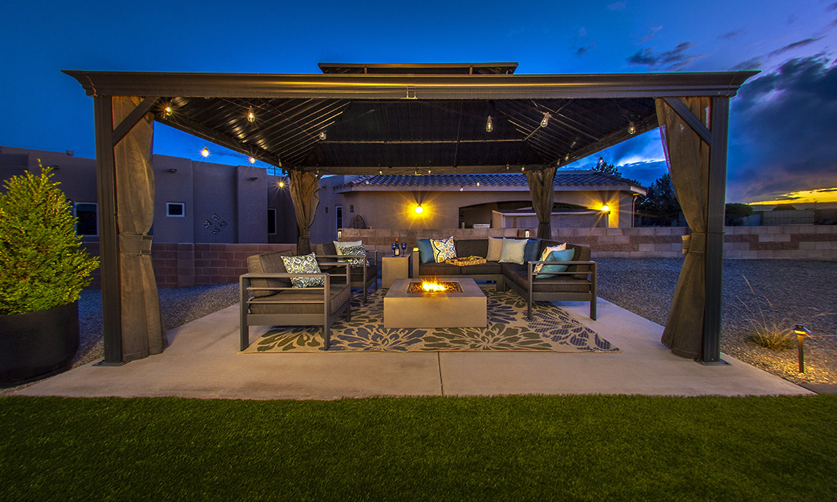 AlbuquerquePergolaPatios New Mexico Backyard Pergola Lighting Artificial Turf Fire Feature