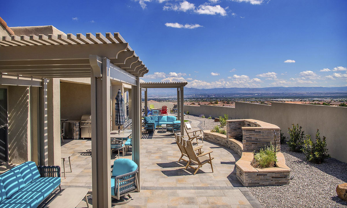 Albuquerque Backyard Pergola Water Feature Raised Planting Beds Belgard Orgins 18 Outdoor Kitchen