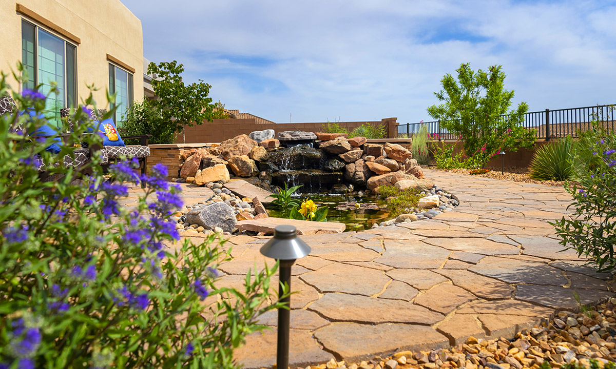 Albuquerque Water Feature Koi Pond Backyard Patio Belgard Mega Arbel Toscana FX Lighting