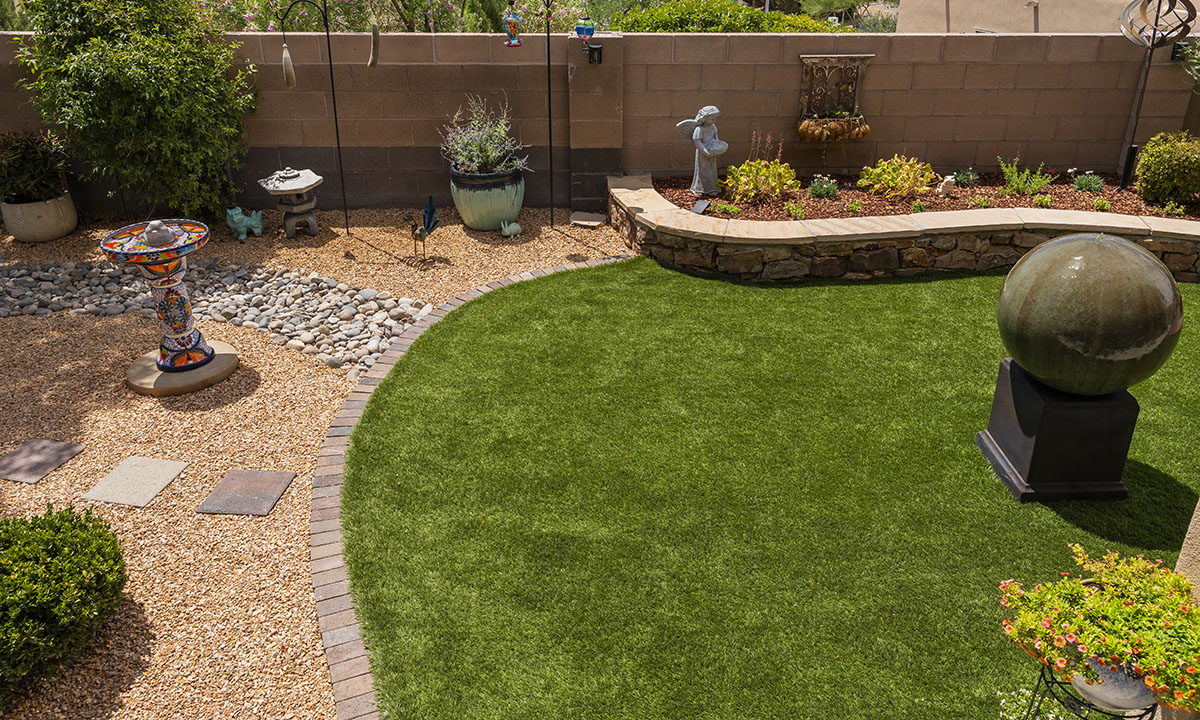 New Mexico Water Fountain Feature Retaining Wall Raised Bed Artificial Turf
