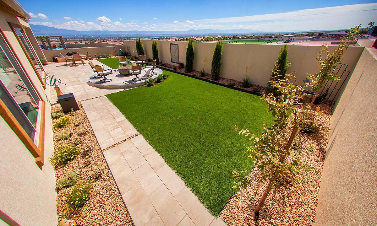 Albuquerque Landscape Design Backyard Artificial Turf Fire Feature Porcelein Pavers
